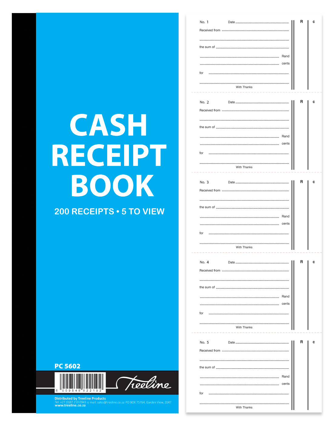 Cash Receipt Book 5 to view in Duplicate Numbered 280 x 105 - 200's