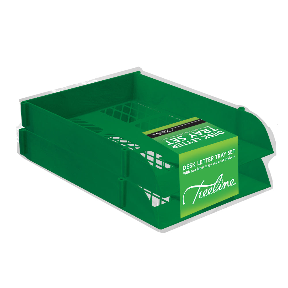 Desk Letter Tray Set - 2 Trays Including 1 Set of Risers - Shrink-wrapped - Green