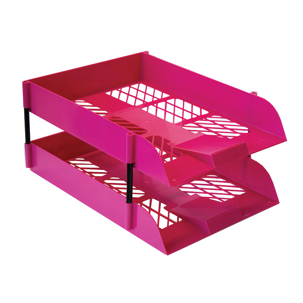 Desk Letter Tray Set - 2 Trays Including 1 Set of Risers - Shrink-wrapped - Hot Pink