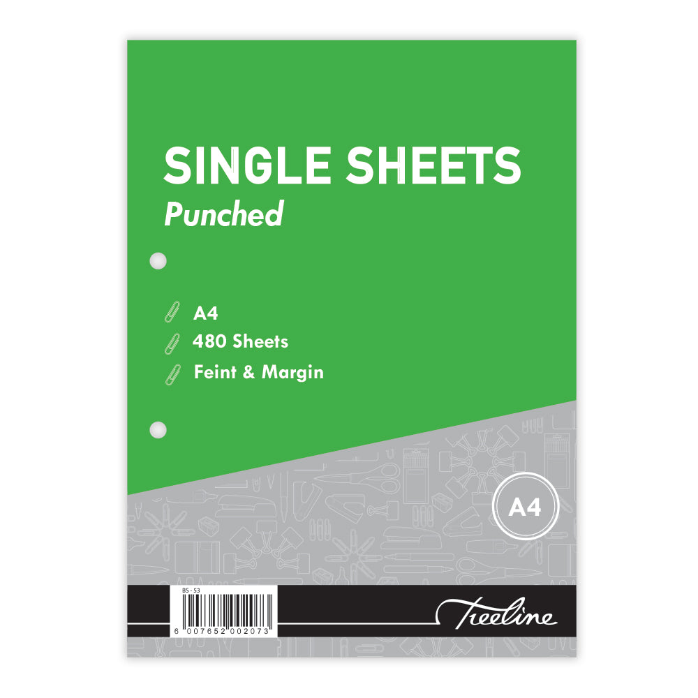 Single Sheet Ruled Paper - 60gsm - Feint & Margin - 480 sheets - Punched