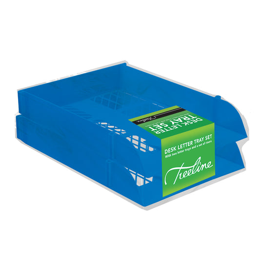 Desk Letter Tray Set - 2 Trays Including 1 Set of Risers - Shrink-wrapped - Blue
