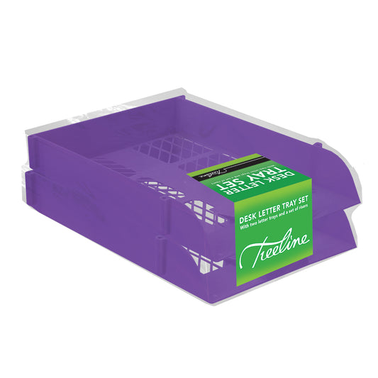 Desk Letter Tray Set - 2 Trays Including 1 Set of Risers - Shrink-wrapped - Electric Purple