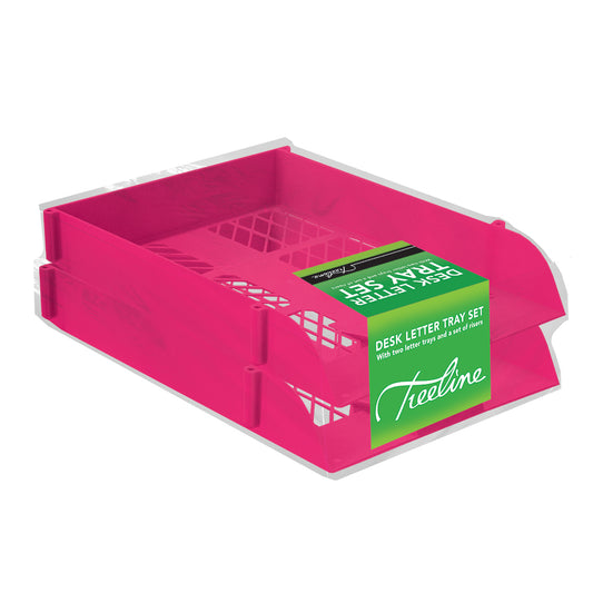 Desk Letter Tray Set - 2 Trays Including 1 Set of Risers - Shrink-wrapped - Hot Pink