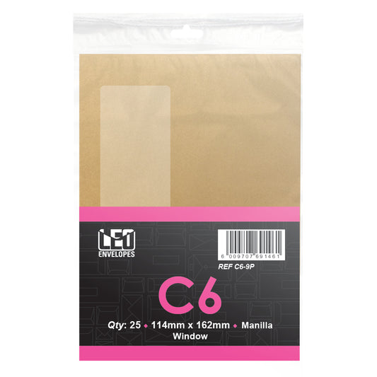 C6 Envelopes Self Seal with Window 114x162mm 80gsm - Manilla 25's