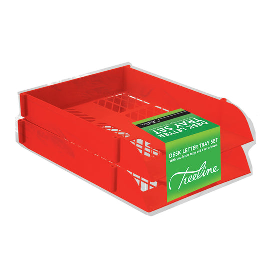 Desk Letter Tray Set - 2 Trays Including 1 Set of Risers - Shrink-wrapped - Red