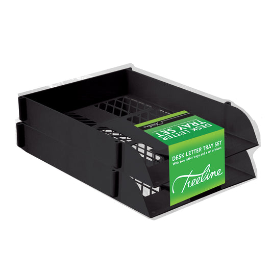 Desk Letter Tray Set - 2 Trays Including 1 Set of Risers - Shrink-wrapped - Black
