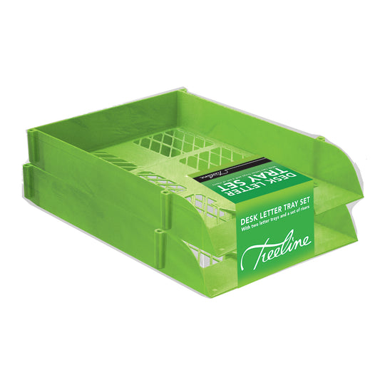 Desk Letter Tray Set - 2 Trays Including 1 Set of Risers - Shrink-wrapped - Lime Green