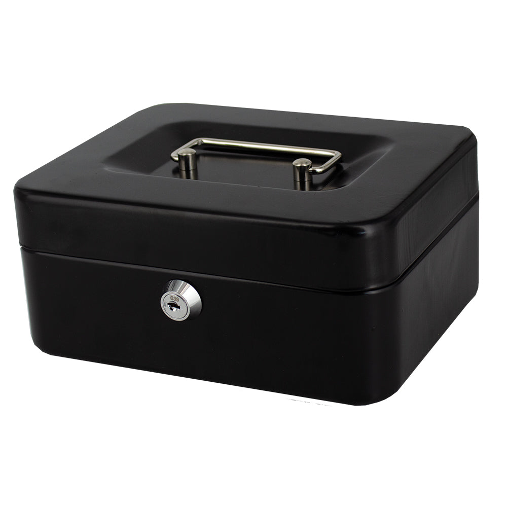 8" Cash Boxes - Metal with Keys & Inner Tray - 200mm - Black