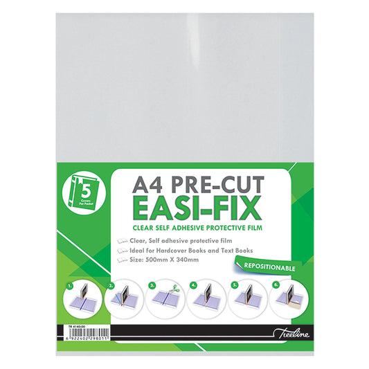A4 Pre-Cut Book Covering Easi-Fix - Clear - 70 Micron - 500x340mm - 5 Pack