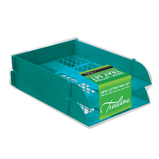 Desk Letter Tray Set - 2 Trays Including 1 Set of Risers - Shrink-wrapped - Azure Blue